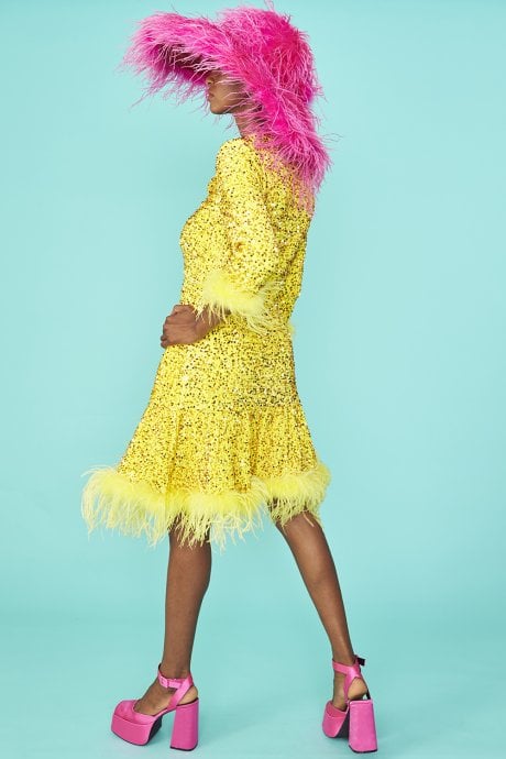 JAYLEY Yellow Sequin Skater Dress With Feather Trim
