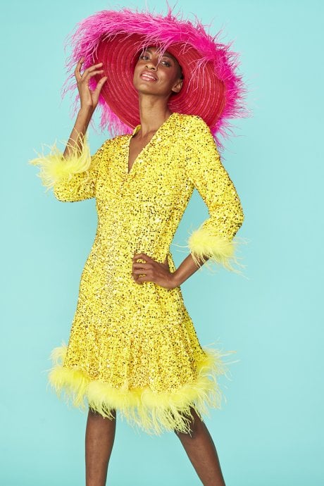 JAYLEY Yellow Sequin Skater Dress With Feather Trim