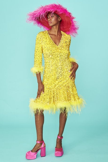 JAYLEY Yellow Sequin Skater Dress With Feather Trim