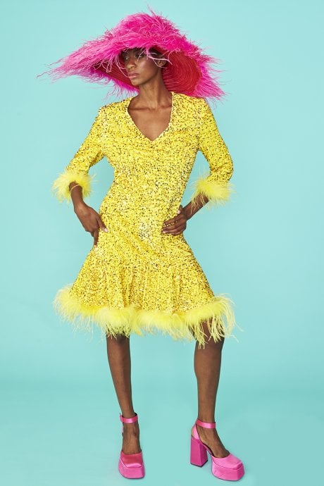 JAYLEY Yellow Sequin Skater Dress with Feather Trim