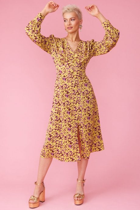 JAYLEY Yellow Silk Blend Floral Maxi Dress