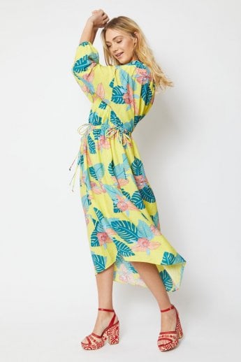 JAYLEY Yellow Silk Blend Kerry Kimono Dress