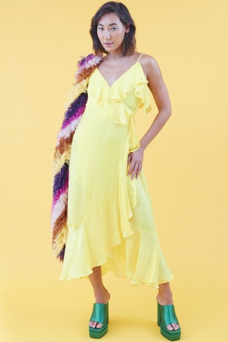 JAYLEY Yellow Silk Blend Maxi Ruffle Dress