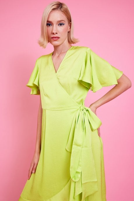 JAYLEY Yellow Silk Blend Maxi Ruffle Wrap Dress