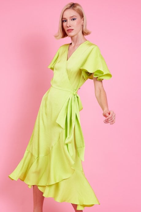 JAYLEY Yellow Silk Blend Maxi Ruffle Wrap Dress