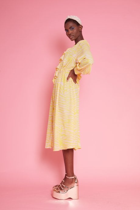 JAYLEY Yellow Silk Blend Zebra Print Maxi Dress