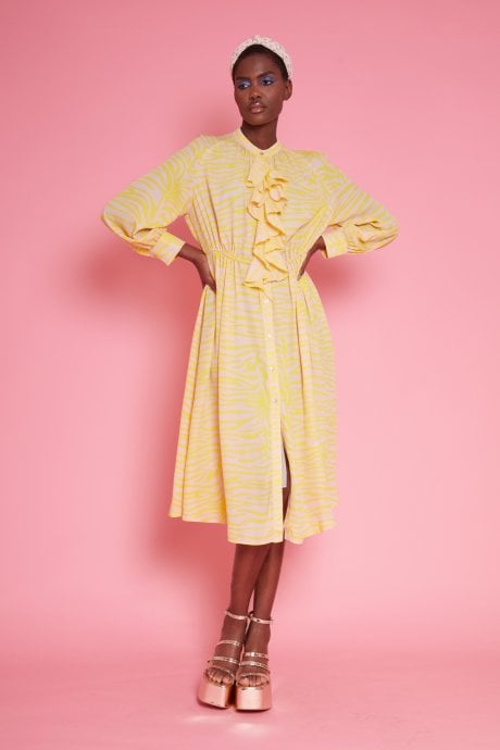 JAYLEY Yellow Silk Blend Zebra Print Maxi Dress