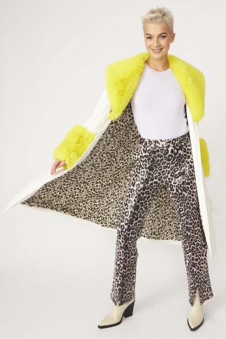 JAYLEY Yellow Trench Style Belted Coat With Faux Fur Cuffs And Collar