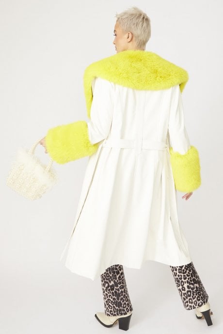 JAYLEY Yellow Trench Style Belted Coat With Faux Fur Cuffs And Collar