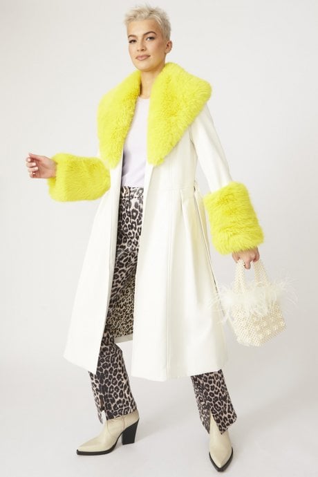 JAYLEY Yellow Trench Style Belted Coat With Faux Fur Cuffs And Collar