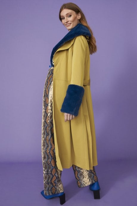 JAYLEY Yellow Trench Style Belted Coat With Faux Fur Cuffs And Collar