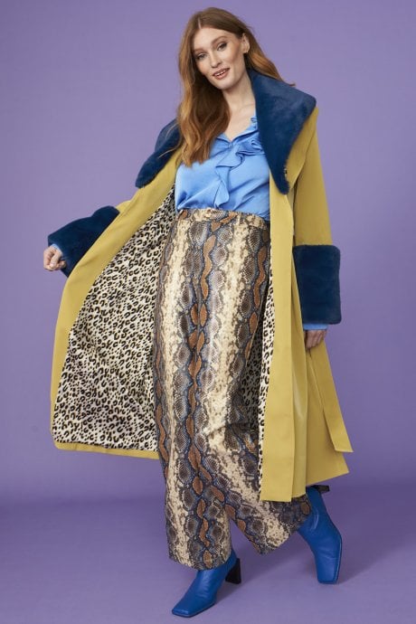 JAYLEY Yellow Trench Style Belted Coat With Faux Fur Cuffs And Collar