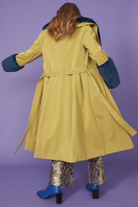 JAYLEY Yellow Trench Style Belted Coat With Faux Fur Cuffs And Collar