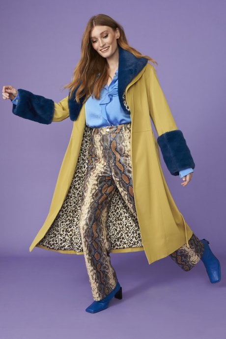 JAYLEY Yellow Trench Style Belted Coat with Faux Fur Cuffs and Collar