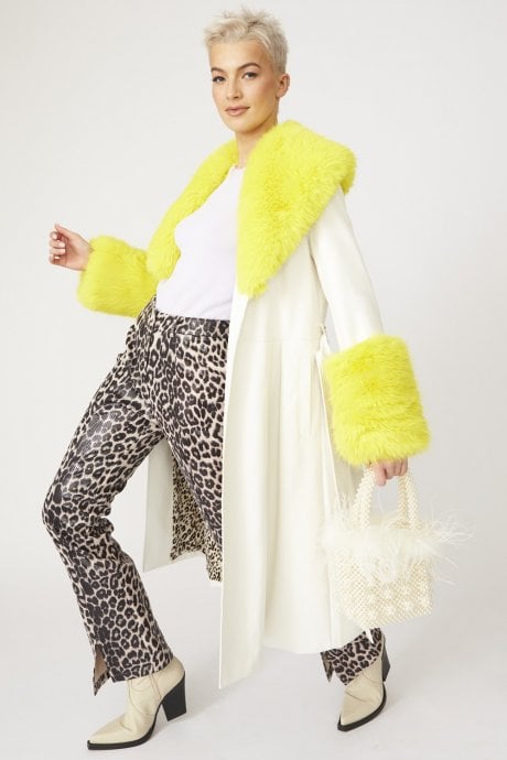 JAYLEY Yellow Trench Style Belted Coat with Faux Fur Cuffs and Collar
