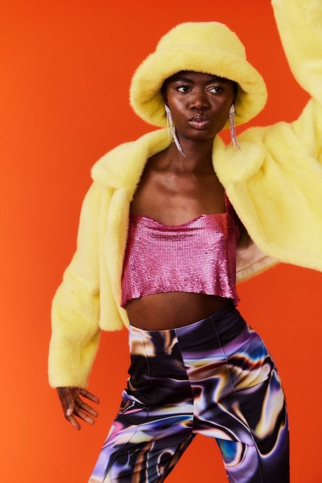 JAYLEY Yellow Vegan Faux Fur Cropped Jacket