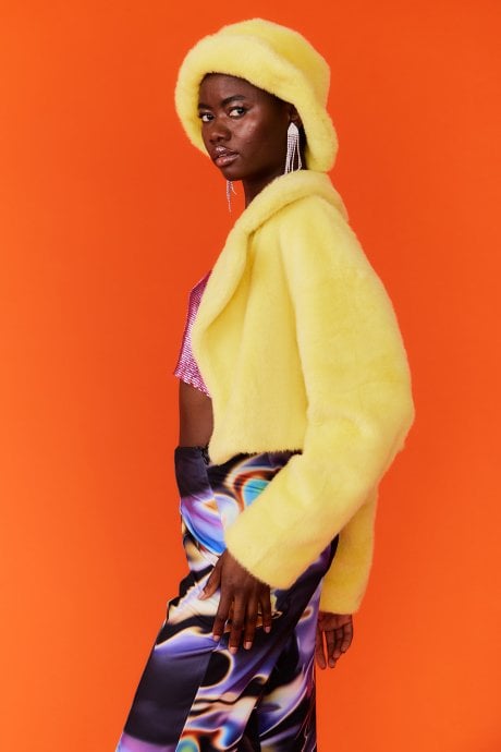 JAYLEY Yellow Vegan Faux Fur Cropped Jacket