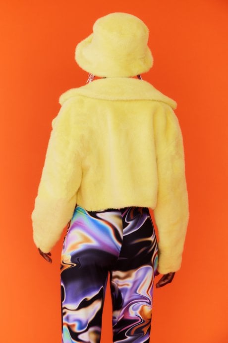 JAYLEY Yellow Vegan Faux Fur Cropped Jacket