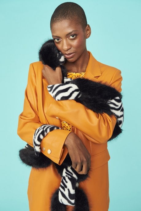 JAYLEY Zebra Print Black and White Handcraft Faux Fur Chain Scarf