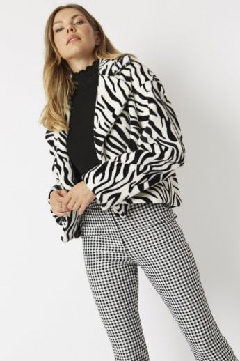 JAYLEY Zebra Print Faux Fur Jacket