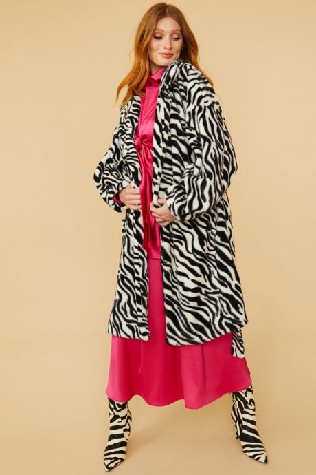 JAYLEY Zebra Print Faux Fur Midi Coat With Belt