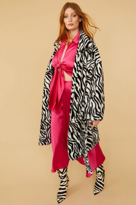 JAYLEY Zebra Print Faux Fur Midi Coat With Belt