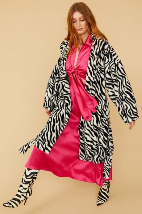 JAYLEY Zebra Print Faux Fur Midi Coat With Belt