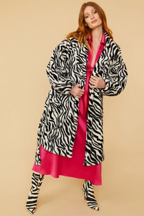 JAYLEY Zebra Print Faux Fur Midi Coat with Belt