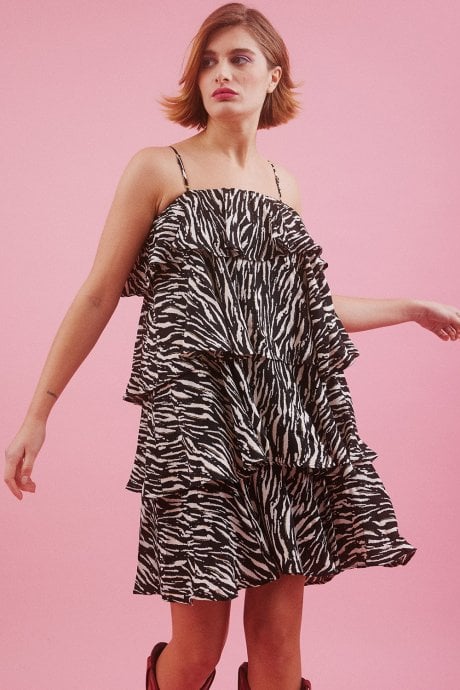 JAYLEY Zebra Print Tiered Rara Dress
