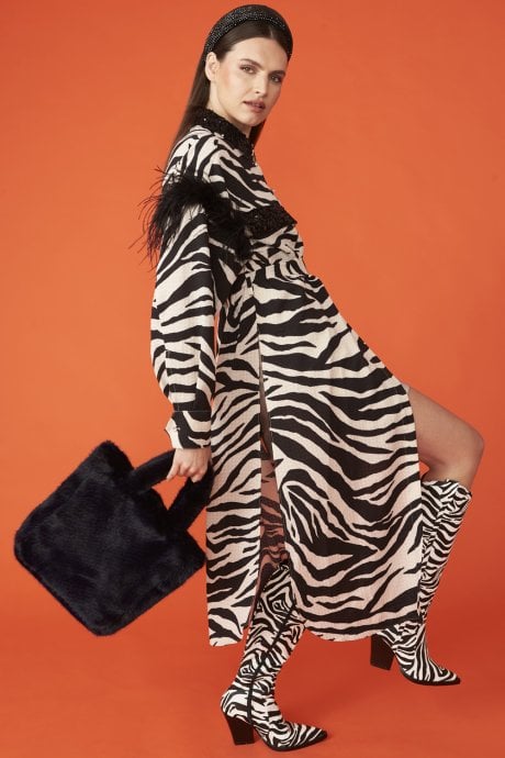 JAYLEY Zebra Print Trench Coat Dress With Feather Trim And Embellished Collar