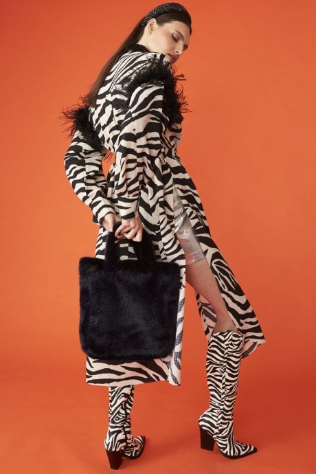 JAYLEY Zebra Print Trench Coat Dress With Feather Trim And Embellished Collar