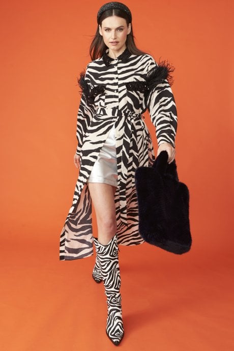 JAYLEY Zebra Print Trench Coat Dress with Feather Trim and Embellished Collar