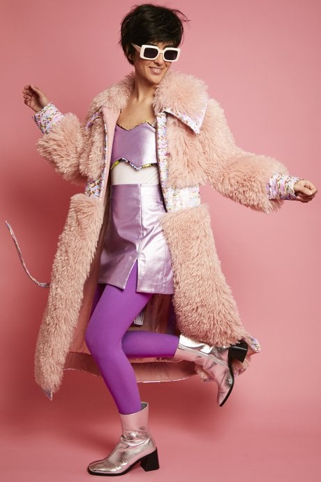 Pink Knitted Bamboo and Eco Leather Shearling Coat