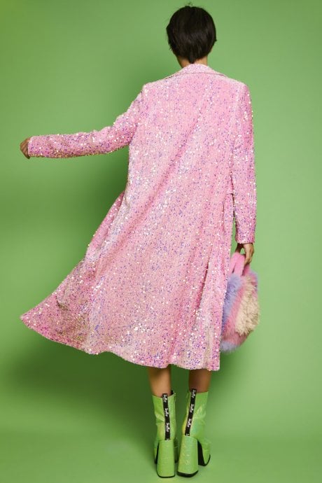 Pink Sequin Velvet Trench Coat