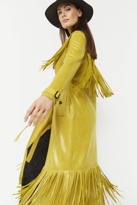 Yellow Faux Suede Tasseled Trench Coat