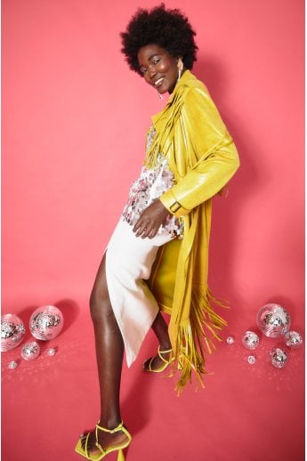 Yellow Faux Suede Tasseled Trench Coat