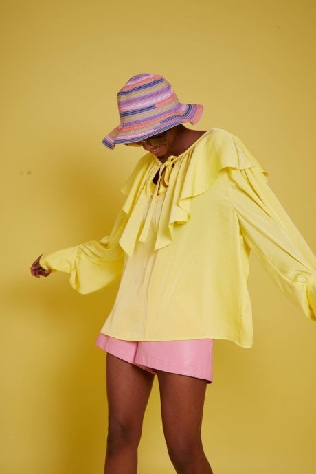 Yellow Silk Blend Ruffle Loose Fit Shirt