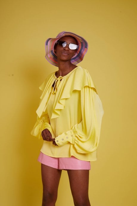 Yellow Silk Blend Ruffle Loose Fit Shirt