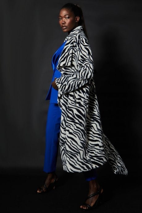 Zebra Print Faux Fur Maxi Coat