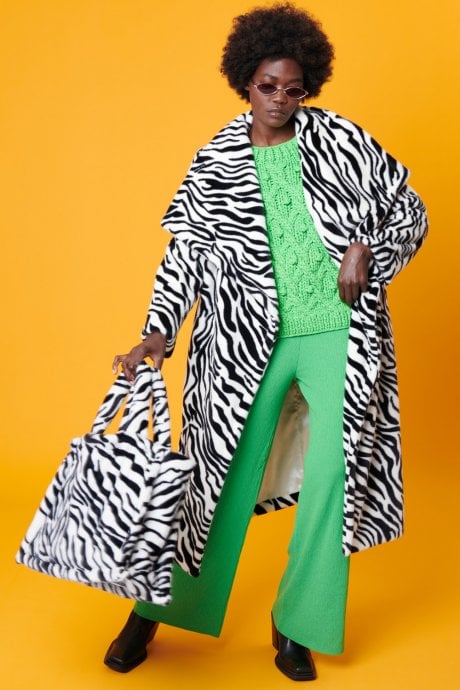 Zebra Print Faux Fur Maxi Coat