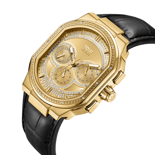 Orion J6408d Black Leather Gold Diamond Watch