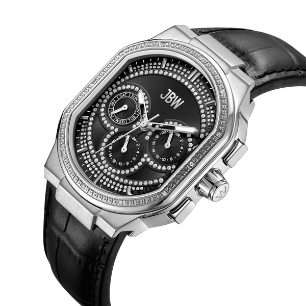 Orion J6408c Black Leather Stainless Steel Diamond Watch