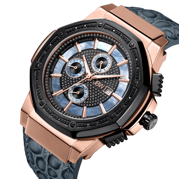 Jbw Saxon Jb 6101l 10c Two Tone Rose Gold Black Ion Gray Leather Diamond Watch