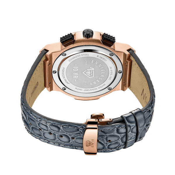 Jbw Saxon Jb 6101l 10c Two Tone Rose Gold Black Ion Gray Leather Diamond Watch