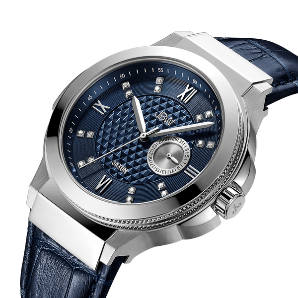 Jbw Saxon 48 J6373b Stainless Steel Navy Leather Diamond Watch