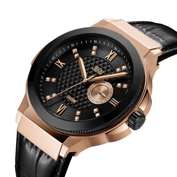 Jbw Saxon 48 J6373e Rose Gold Black Leather Diamond Watch