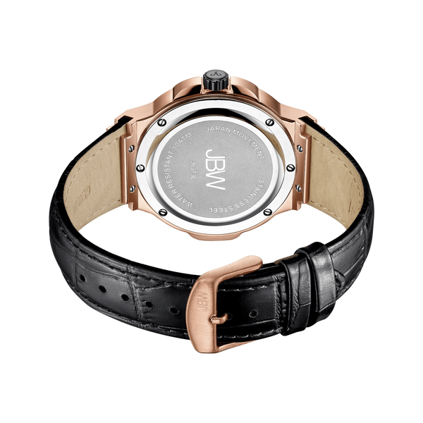 Jbw Saxon 48 J6373e Rose Gold Black Leather Diamond Watch