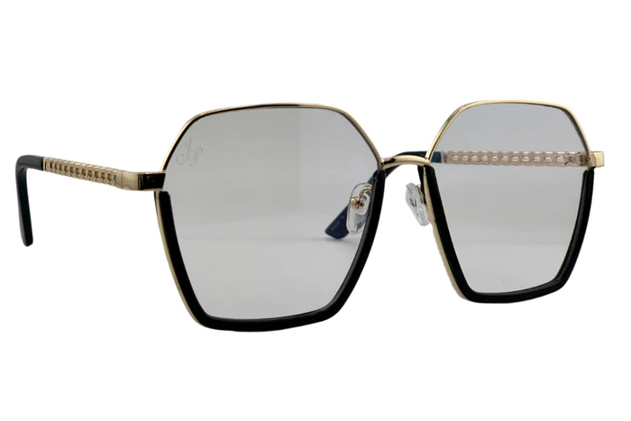 jeepers peepers BLACK/GOLD HEXAGON FRAME WITH CLEAR BLUE LIGHT LENSES