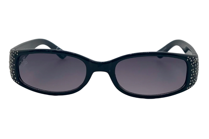 Jeepers Peepers BLACK OVAL FRAME WITH DIAMONTE AND PURPLE LENSES