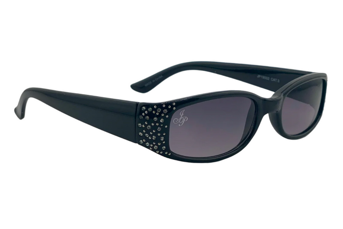 Jeepers Peepers BLACK OVAL FRAME WITH DIAMONTE AND PURPLE LENSES